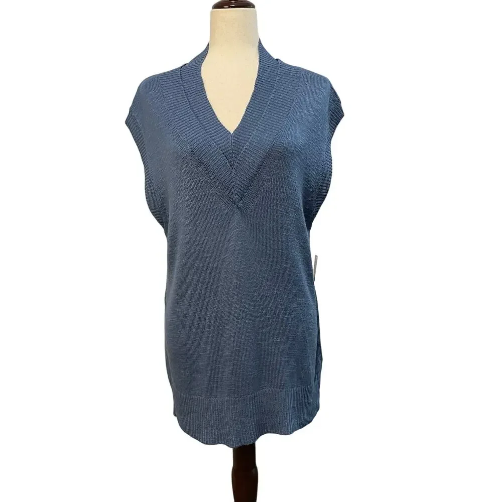 Free People Women’s Hannah Sweater Vest Oversized Double V-Neck Knit NWT Blue XS - Picture 2 of 13